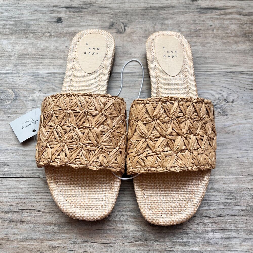 A New Day Woven Raffia Slide Sandals Size 9 Women's Tan Boho Coastal Summer NWT - Picture 3 of 9